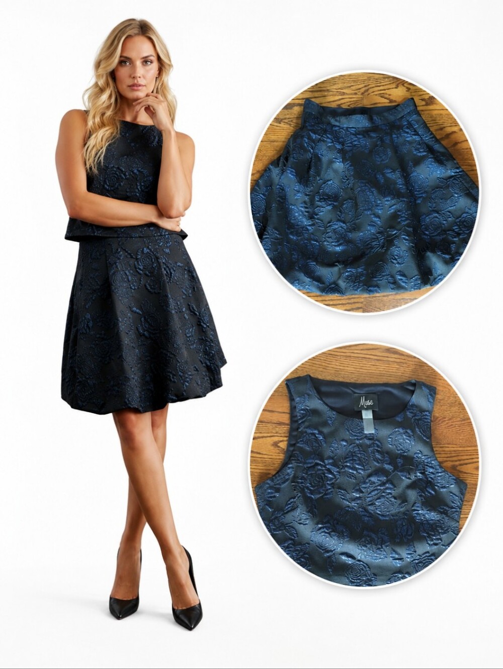 Muse Black & Blue Floral Jacquard Two-Piece Crop Top/ Bubble Skirt  Party Sz 4